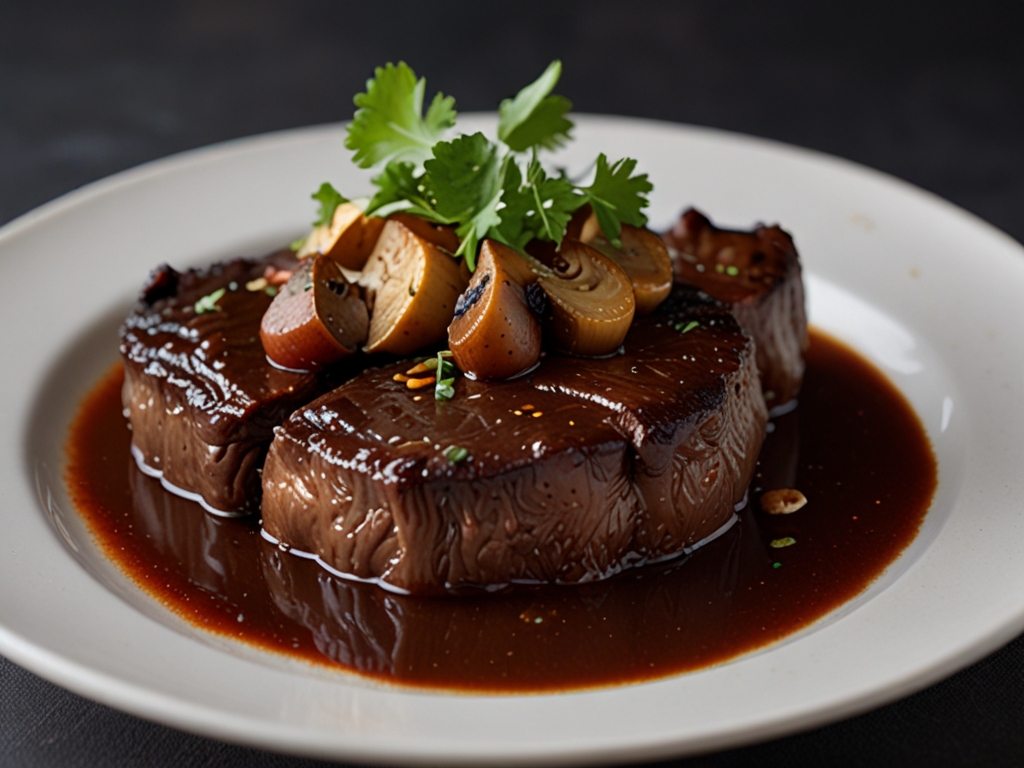 Image de Côte de bison braisée, sauce au vin rouge et champignons forestiers