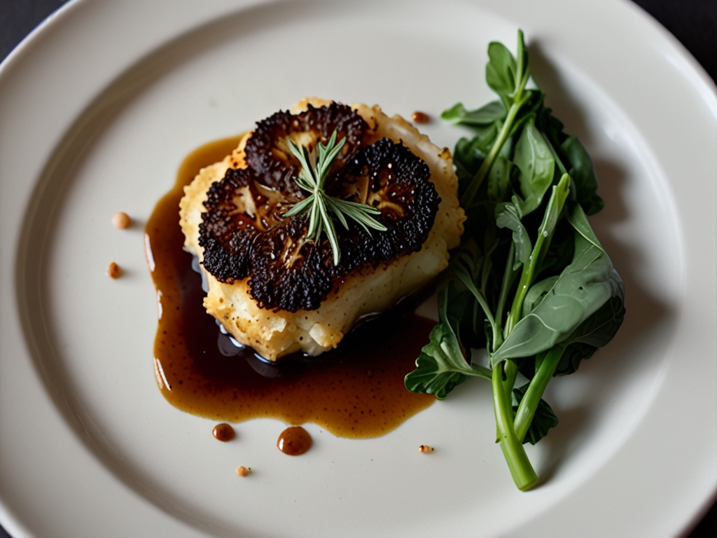 Image de Steak de chou-fleur rôti, sauce  à l’ail noir et herbes nordiques